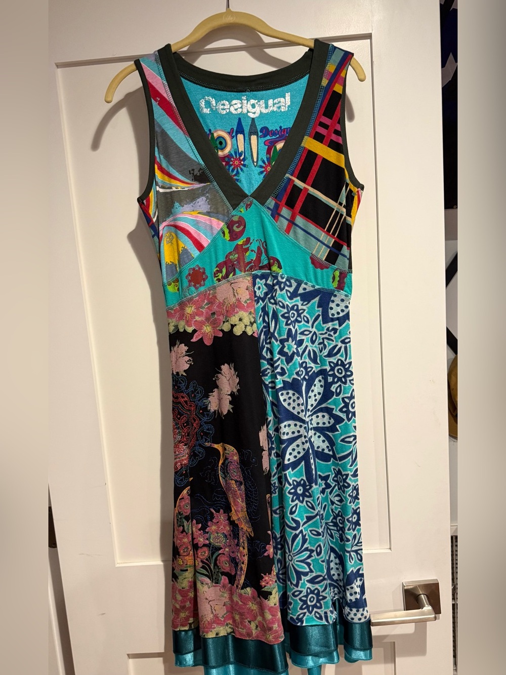 Desigual Multicolor Patchwork V-Neck Maxi Dress — Turquoise, Black, Pink, Yellow